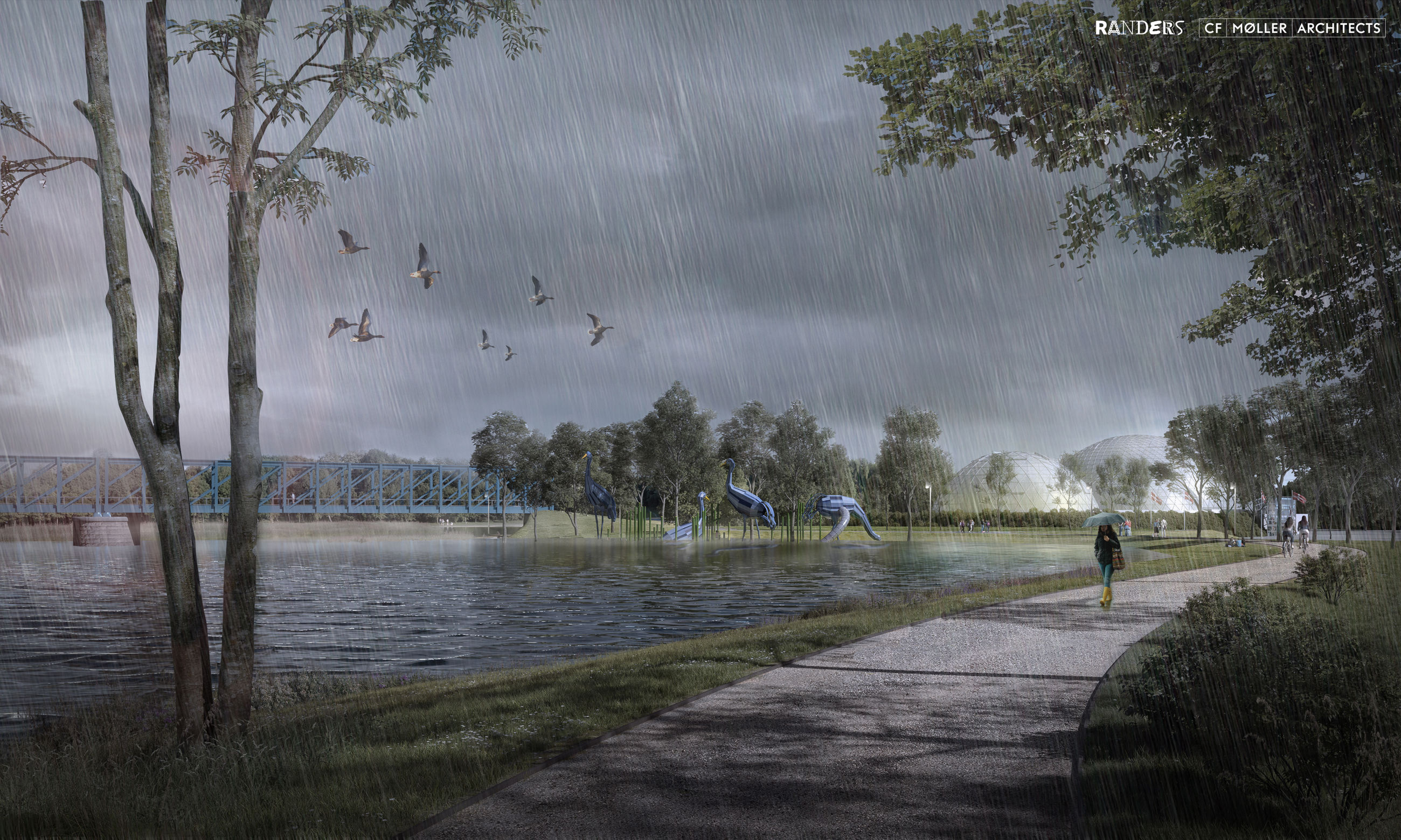 Visualisering af hvordan der vil se ud ved Justesens Plæne ved stormflod.