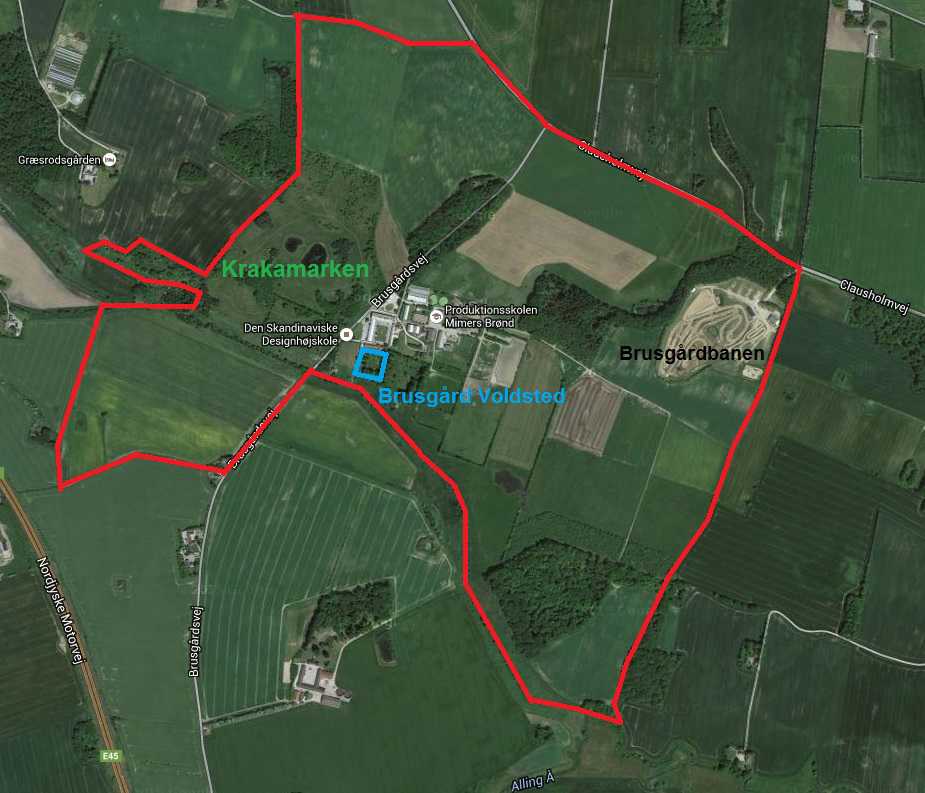 Kort over ruten ved Krakamarken og Brusgårds Jorder