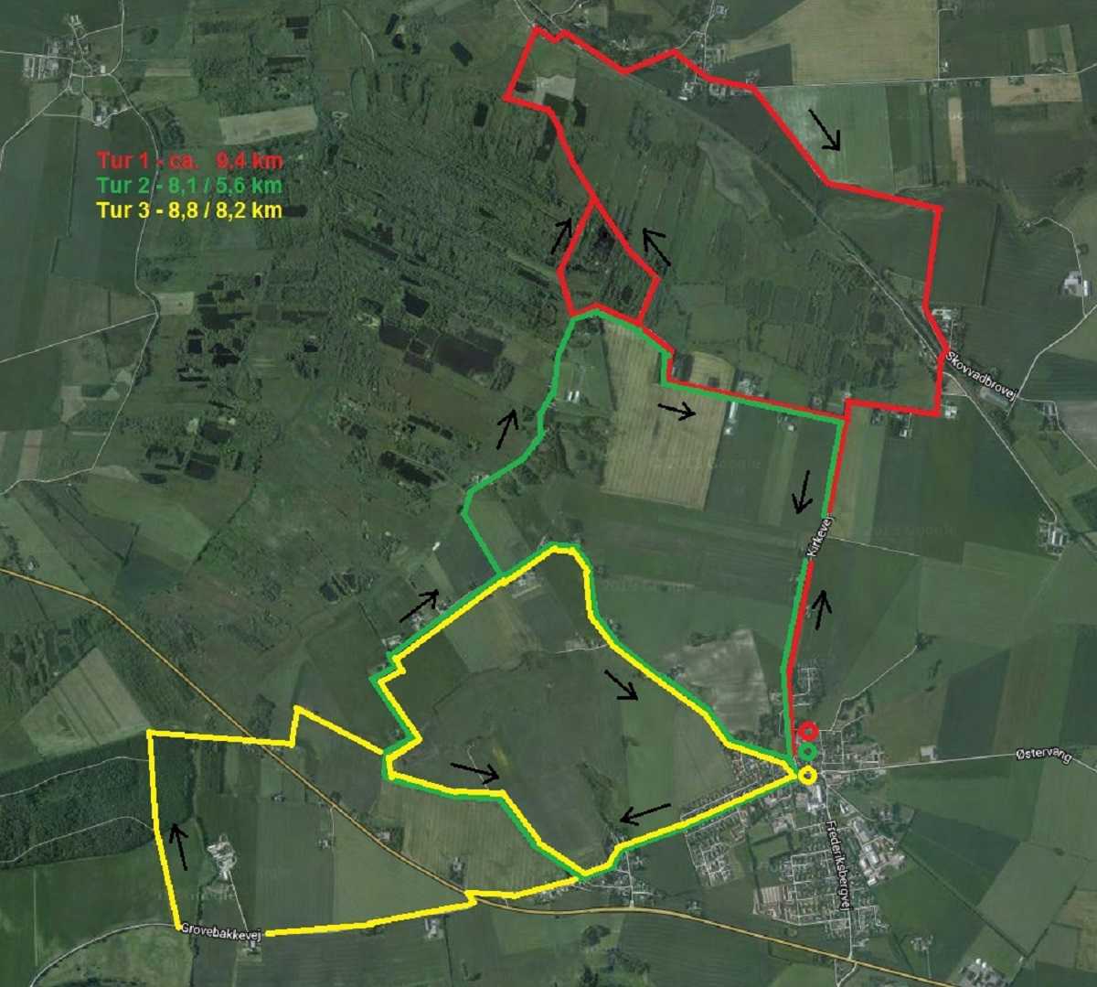 Kort over ruter ved Øster Bjerregrav