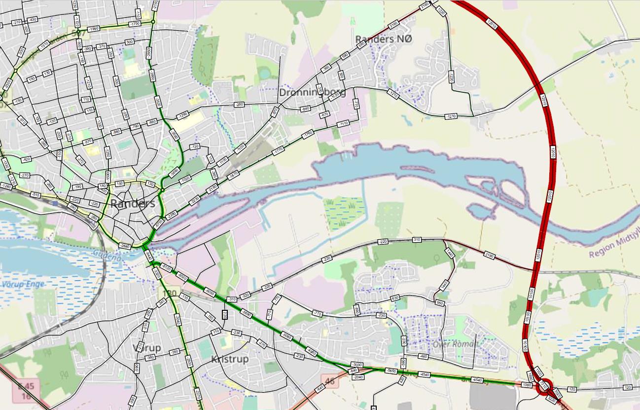 Kort med trafiktal i 2030 med Østbroen