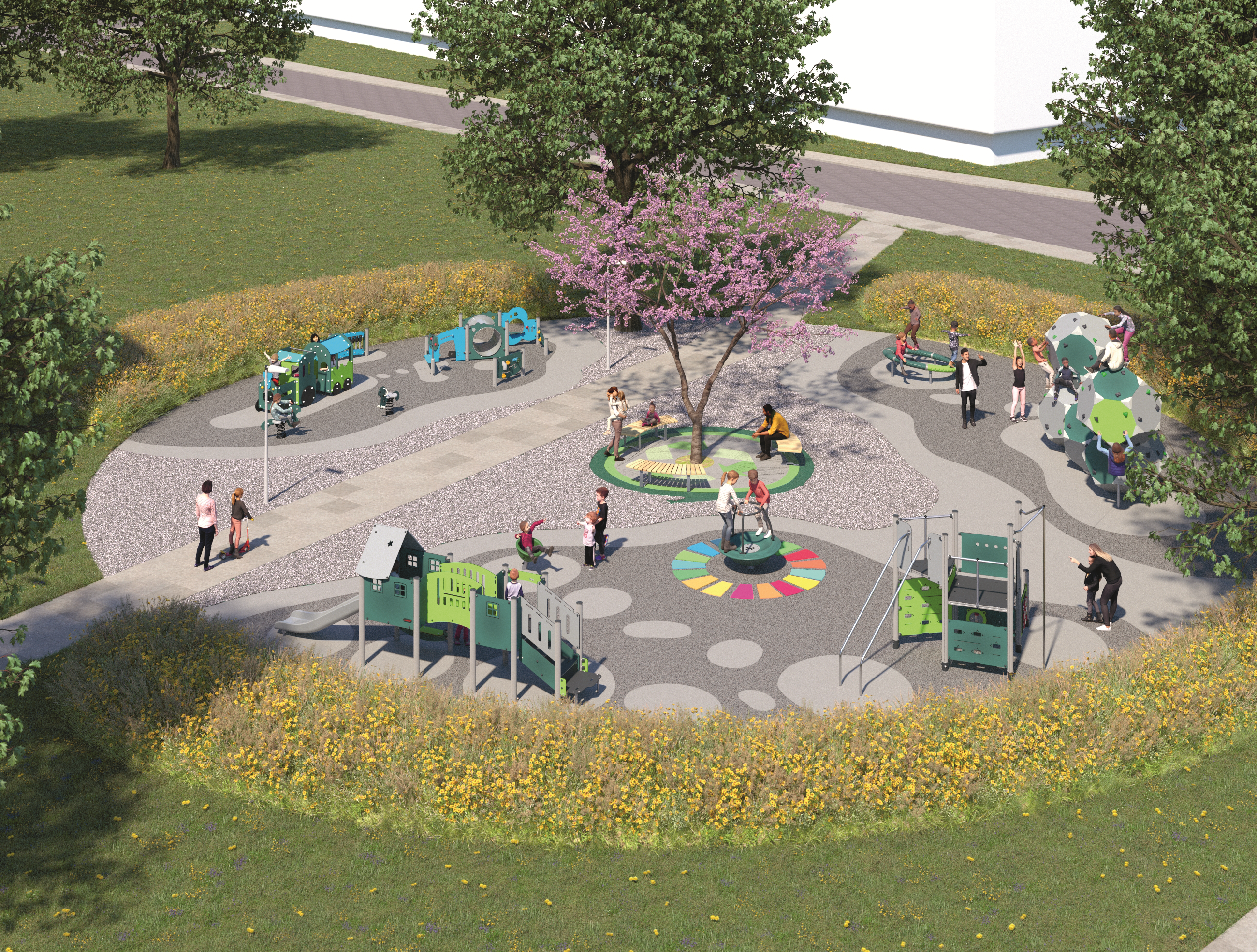 Udendørs legeplads lavet af plastaffald fra hospitaler