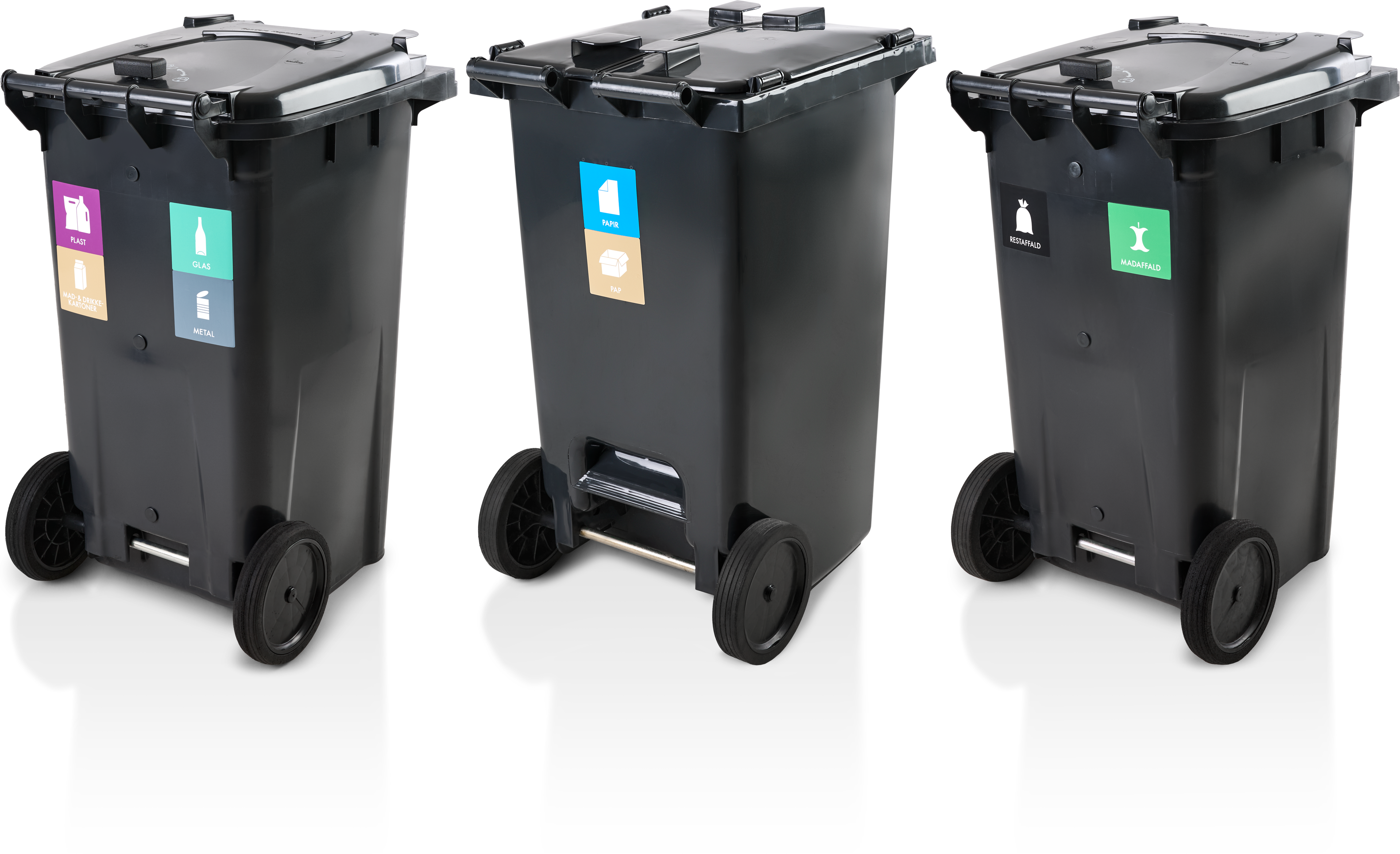 Tre affaldsbeholdere til husholdningsaffald
