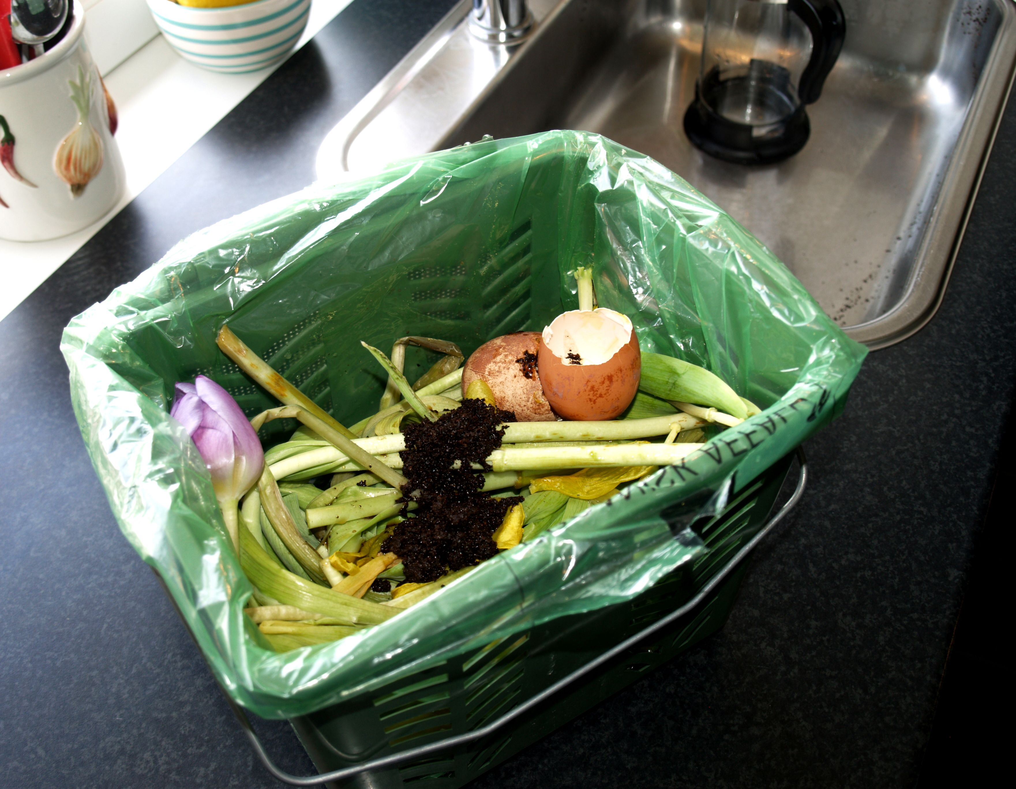 Kompostspand åben på køkkenbord