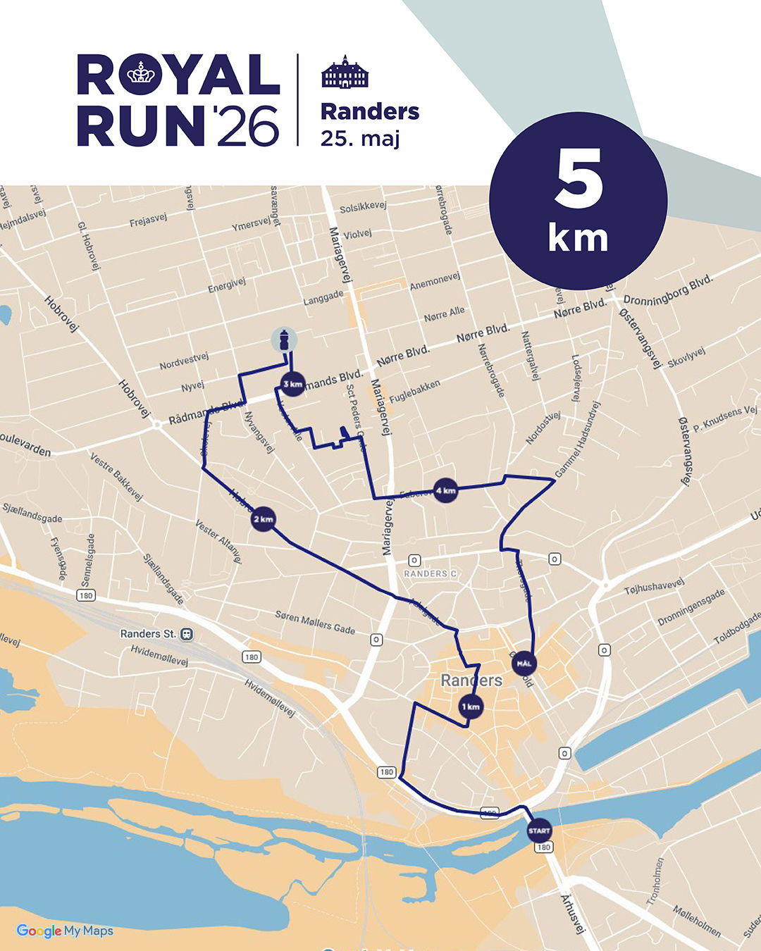 Kort over 5 km-ruten til Royal Run i Randers