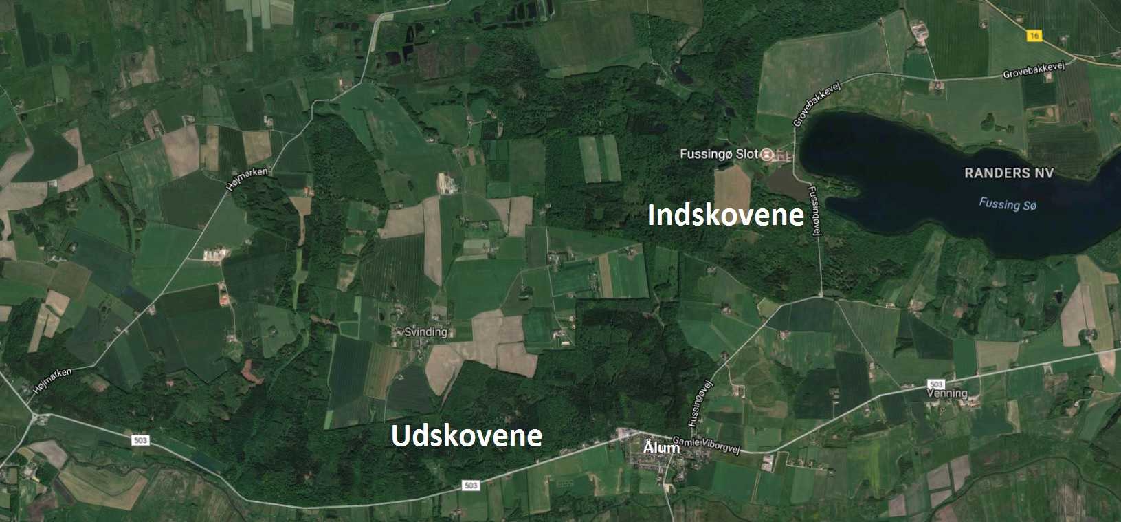 Kort med indskovene og udskovene i Fussingø