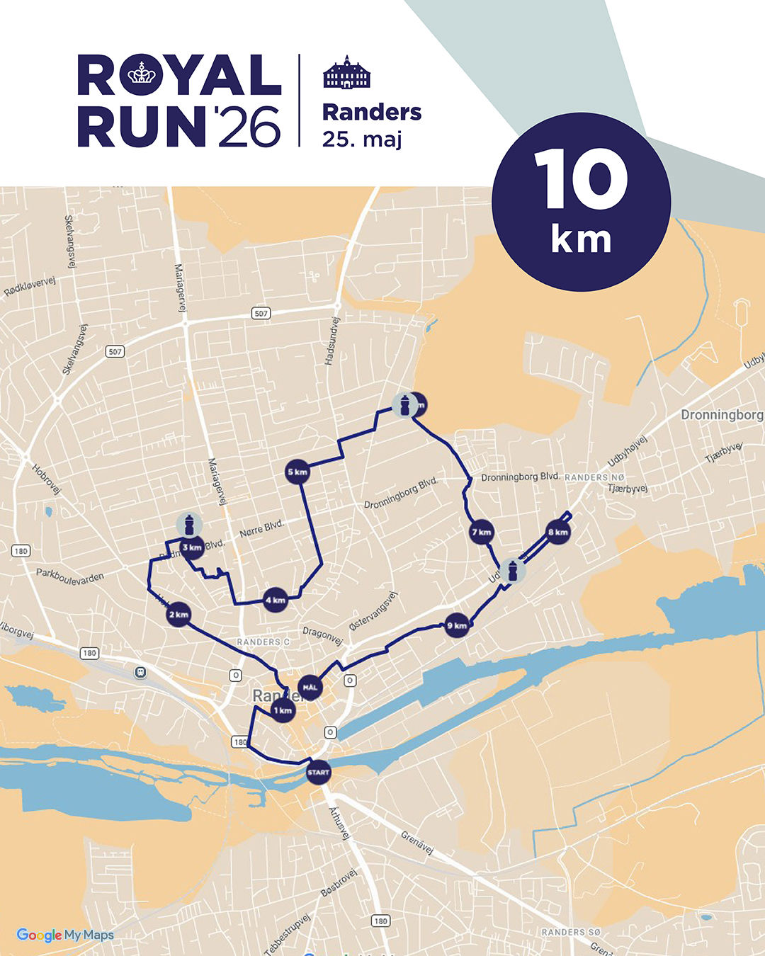 Kort over 10 km-ruten til Royal Run i Randers