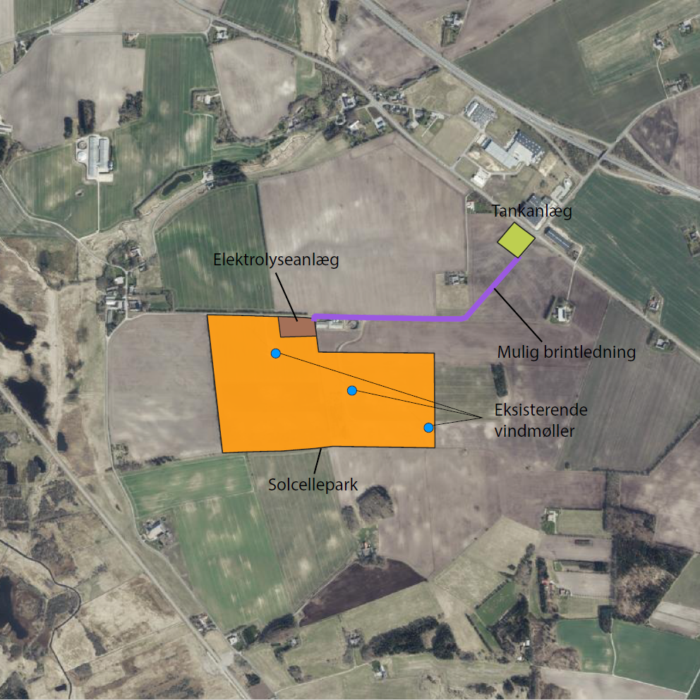 Ansøgt placering af solcellepark, elektrolyseanlæg og tankanlæg ved Purhus
