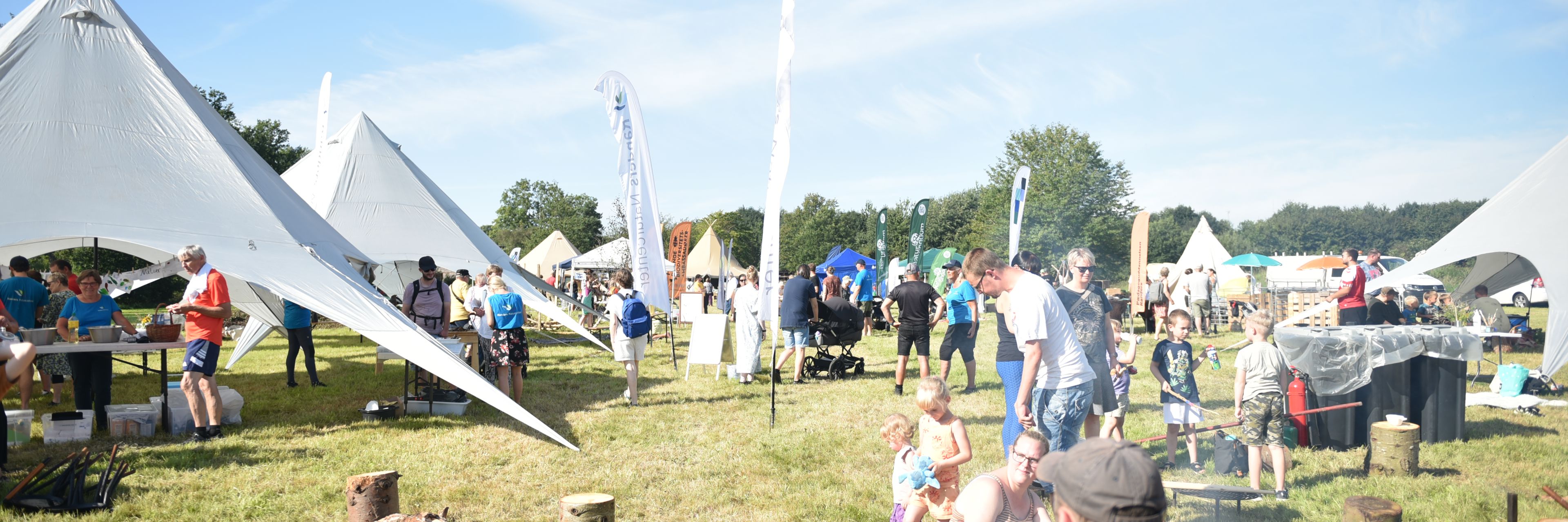 Naturfestival med græs, bål og telte.