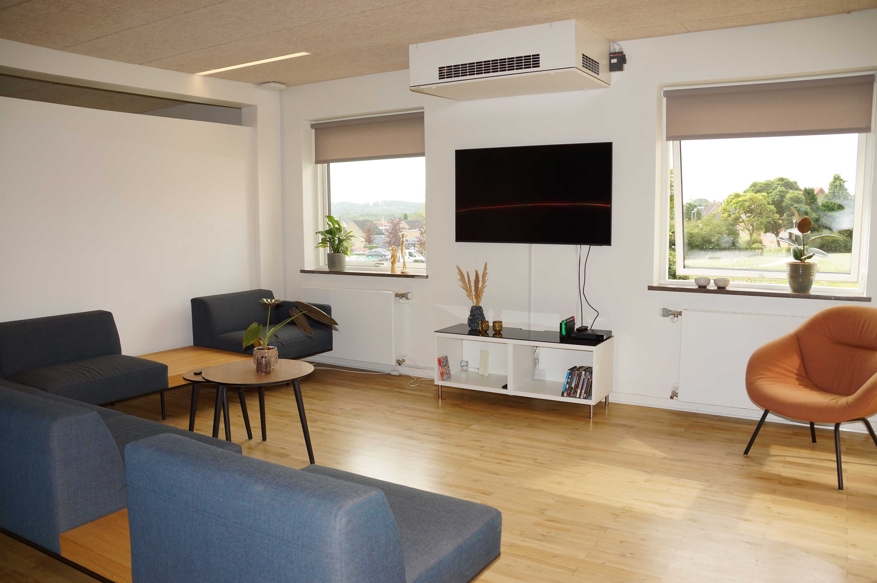 Fælles opholdsrum med sofa og tv i Botilbuddet Bredgade & Svalegangen