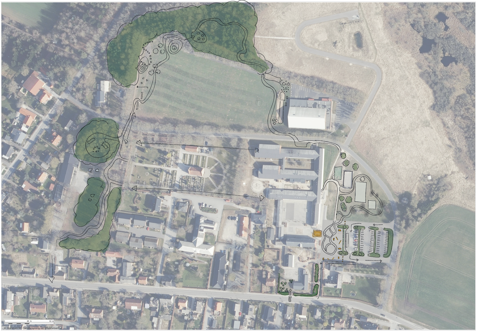 Skitse over projektideer ved festpladsen, sportspladsen og skolen