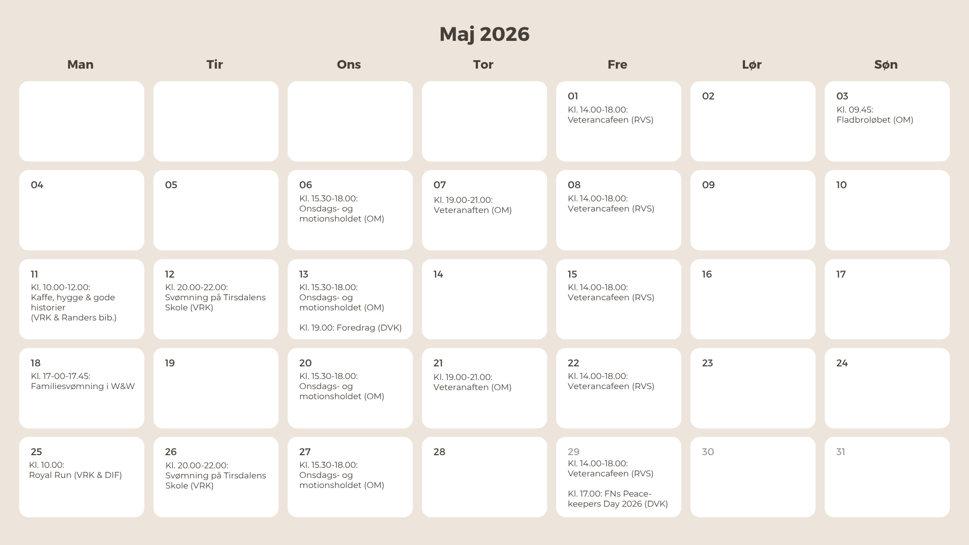 Månedsoversigt Veteraner Maj 2026