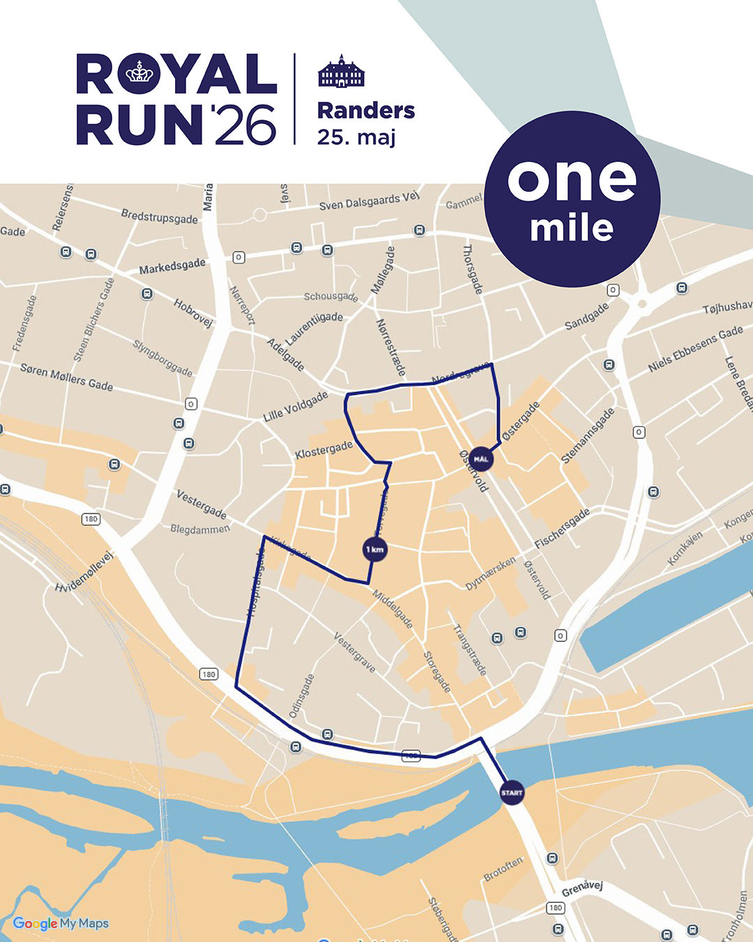 Kort over one mile-ruten til Royal Run i Randers