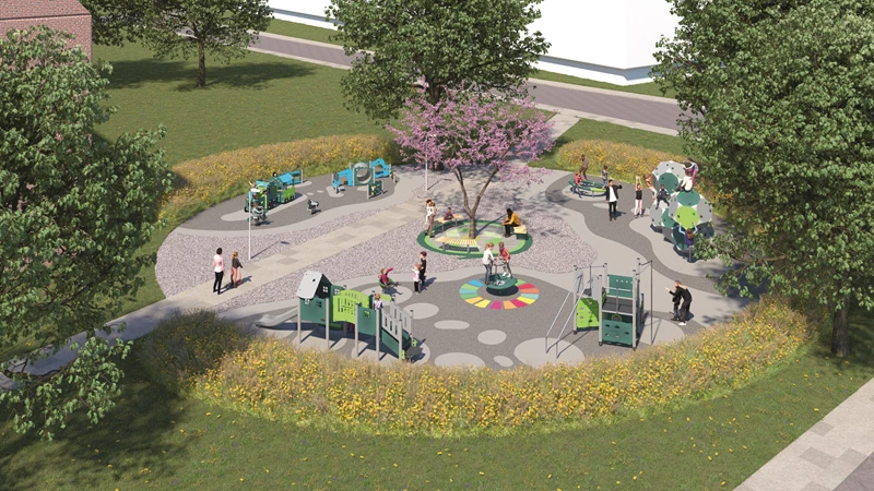 Udendørs legeplads lavet af genbrugsplast fra hospitaler.