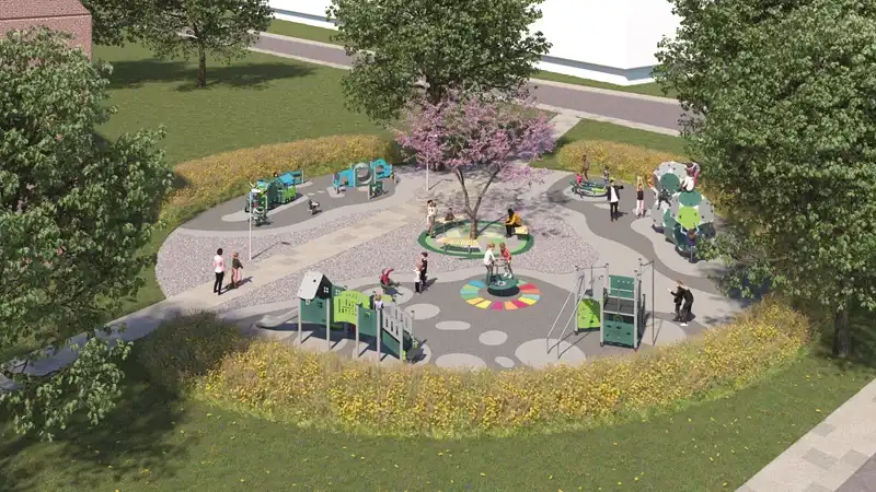 Udendørs legeplads lavet af genbrugsplast fra hospitaler.