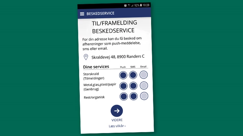 Tilvælg beskedservice i Affaldsappen